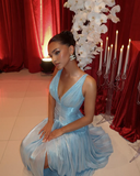 Sexy A Line V Neck Satin Slit Long Prom Dresses Formal Dress HZ1024