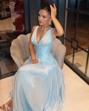 Sexy A Line V Neck Satin Slit Long Prom Dresses Formal Dress HZ1024
