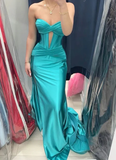 Classy Mermaid Sweetheart Satin Pleated Slit Long Prom Dresses Formal Dress HZ1024