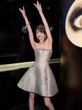 Vintage A line Strapless Gray Satin Homecoming Dress 19th Birthday Outfits HZ1024