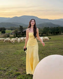 Yellow A Line Spaghetti Straps Satin Long Prom Dresses Formal Dress HZ1024