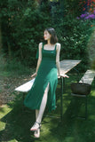 Square A Line Green Satin Slit Long Prom Dresses Formal Dress HZ1024