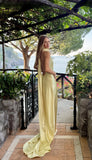 Unique Mermaid Pastel Yellow Halter Satin Backless Long Prom Dresses Formal Dress HZ1024