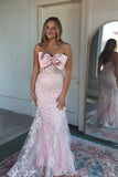 Sparkles Mermaid Strapless Pink Satin Tulle Lace Long Prom Dresses Formal Dress HZ1024
