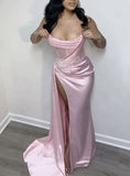 Pink Mermaid Strapless Pleated Satin Slit Long Prom Dresses Formal Dress HZ1024