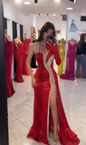 Sexy Red Mermaid One Shoulder With One Long Sleeve Satin Beads Slit Long Prom Dresses Formal Dress HZ1024