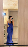 Unique Mermaid Spaghetti Straps Satin Long Prom Dresses Formal Dress HZ1024