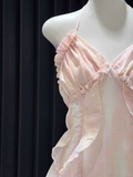 Unique A Line Halter Satin Ruffle Backless Long Prom Dresses Formal Dress HZ1024