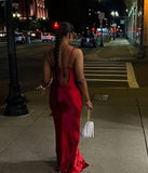 Simple Burgundy Mermaid Spaghetti Straps Satin Backless Long Prom Dresses Formal Dress HZ1024