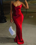 Simple Burgundy Mermaid Spaghetti Straps Satin Backless Long Prom Dresses Formal Dress HZ1024
