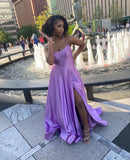 Modest A Line Halter Satin Slit Long Prom Dresses Formal Dress HZ1024