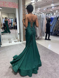 Chic Mermaid Strapless Dark Green Satin Sequin Slit Long Prom Dresses Formal Dress HZ1024