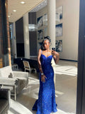 Sparkles Royal Blue Mermaid Spaghetti Straps Sequin Long Prom Dresses Formal Dress HZ1024