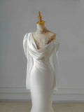 Vintage Mermaid High Neckline Long Sleeves Satin Lace Long White Wedding Dresses HZ1024