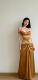 Golden Mermaid Spaghetti Straps Pleated Satin Long Prom Dress, Evening Dress HZ1024