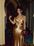 Classy Golden Mermaid Strapless Satin Long Prom Dress, Evening Dress HZ1024