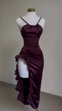 Vintage Mermaid Spaghetti Straps Custom Silk Satin Blue Long Prom Dresses HZ1024