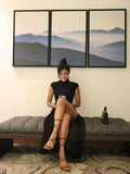 Vintage Sheath High Neckline Black Slit Long Prom Dress HZ1024