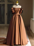 Sexy A line Off The Shoulder Brown Satin Long Prom Dress HZ1024