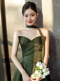 Sexy A line Sweetheart Satin Green Long Prom Dress HZ1024