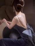 Sexy Mermaid Straps Velvet Navy Blue Long Prom Dress HZ1024
