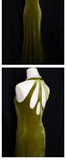 Vintage Mermaid Halter Sleeveless Velvet Green Long Prom Dresses HZ1024