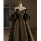 Sexy A line Off The Shoulder Short Sleeves Green Satin Long Prom Dress HZ1024
