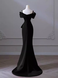 Sexy Mermaid Spaghetti Straps Black Satin Long Prom Dress HZ1024