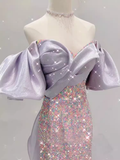 Sexy Mermaid Short Sleeves Satin Sequin Long Sequin Prom Dresses HZ1024