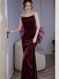 Sexy Mermaid Straps Velvet Burgundy Long Prom Dresses HZ1024