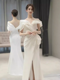 Fairytale Mermaid Off The Shoulder White Long Satin Wedding Dresses HZ1024