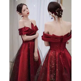 Sexy A Line Off The Shoulder Satin Burgundy Tulle Long Prom Dresses HZ1024