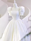 Fairytale A Line Short Sleeves Lace White Long Wedding Dresses HZ1024