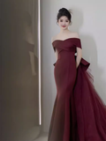 Sexy Mermaid Off The Shoulder Short Sleeves Burgundy Prom Dress Satin Birthday Outfits HZ1024