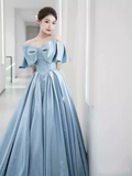 Modest A line Off The Shoulder Satin Light Sky Blue Prom Dress Long Evening Dress HZ1024