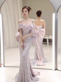 Modest Memaid Off The Shoulder Satin Sequin Prom Dress Long Evening Dress HZ1024