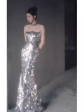 Shiny Memaid Strapless Sequin Prom Dress Long Silver Evening Dress HZ1024
