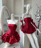 Simple Strapless Sleeveless Satin A-Line Mini Burgundy Homecoming Dress HZ1024