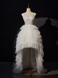 Sexy High Low Straps Sleeveless White Tulle Long Prom Dress HZ1024