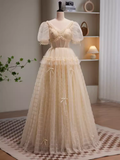 Fairytale A Line V neckline Short Sleeves Tulle Long Prom Dress HZ1024