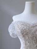 Elegant Mermaid Off The Shoulder White Long Tulle Wedding Dresses With Beads HZ1024