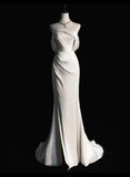 Simple Mermaid Strapless Sleeveless Satin White Long Prom Dress HZ1024