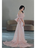 Pretty Mermaid Strapless Pink Sequin Long Evening Dress Prom Dresses With Bow HZ1024