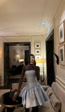 Chic A line Strapless Light Sky Blue Satin Short Party Dresses Homecoming Dresses HZ1024