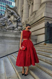 Simple 2 Pieces Red Satin Evening Dress Ankle Length Prom Dresses HZ1024