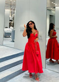 Simple A line Straps Red Sleeveless Satin Prom Dress Formal Evening Dresses HZ1024