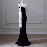 Simple Mermaid Strapless Velvet Black Long Prom Dress HZ1024