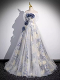 Beautiful A line Strapless Floral Blue Long Prom Dress HZ1024