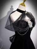Simple A line High Neckline Velvet Black Long Prom Dress HZ1024