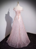 Sparkly A Line Off The Shoulder Pink Long Prom Dress HZ1024